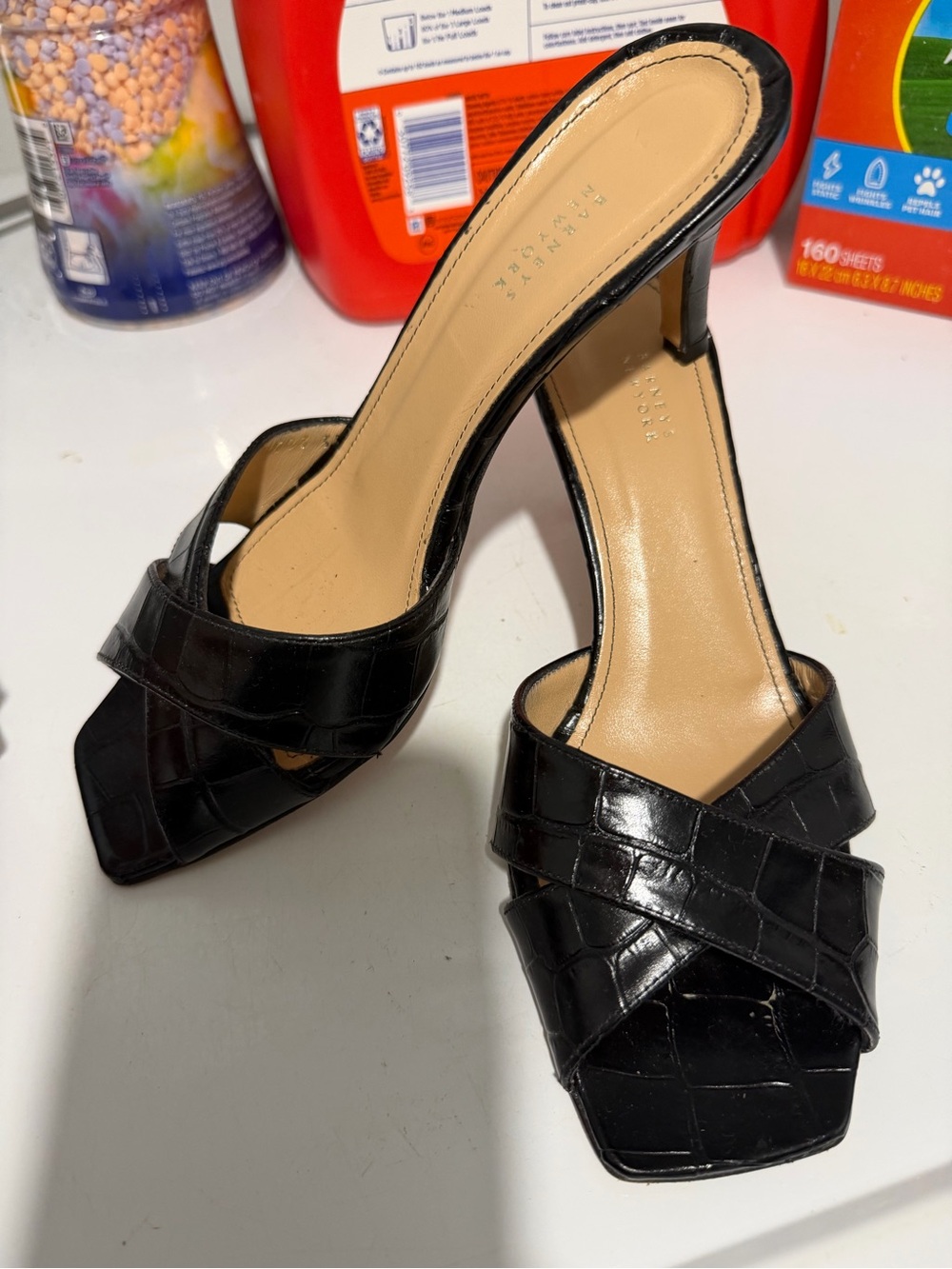 Croc-Embossed Black Slip-On Mule Heels